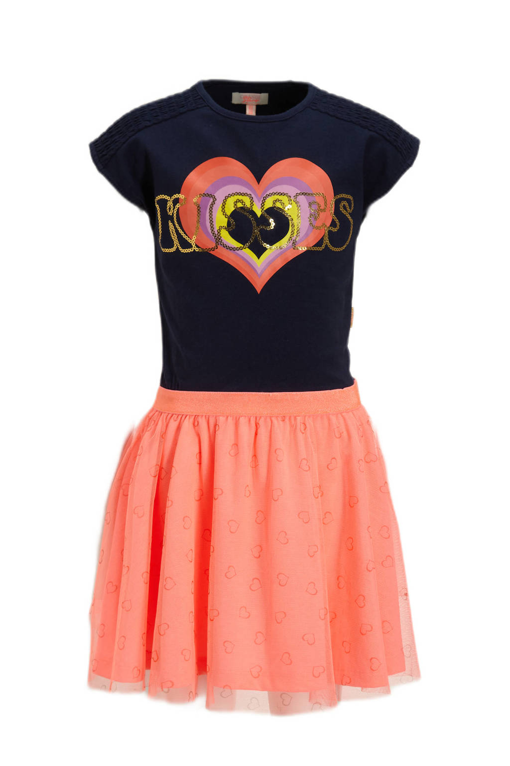 jurk Pebbles met tekstopdruk oranje/zwart