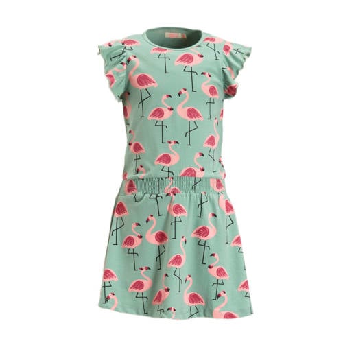 Orange Stars jurk Phyllis met all over print groen roze Meisjes Katoen Ronde hals 98 104