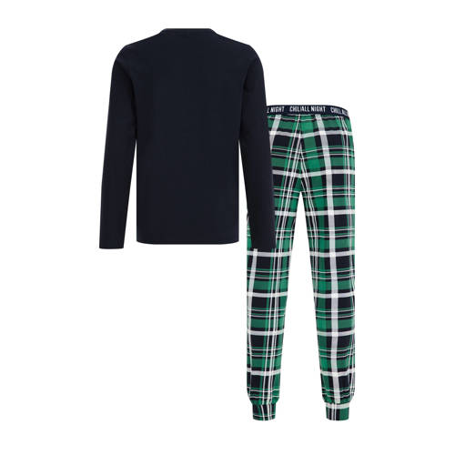 WE Fashion pyjama zwart groen Jongens Stretchkatoen Ronde hals Ruit 158 164