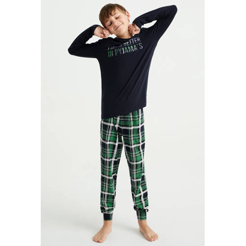 WE Fashion pyjama zwart groen Jongens Stretchkatoen Ronde hals Ruit 110 116