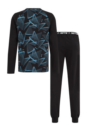   pyjama met all over print zwart/blauw