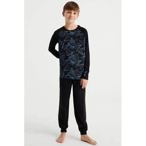 WE Fashion Salty Dog pyjama met all over print zwart blauw Jongens Stretchkatoen Ronde hals 110 116