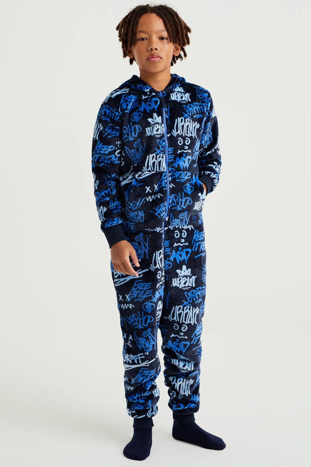 WE Fashion fleece onesie met all over print donkerblauw/blauw