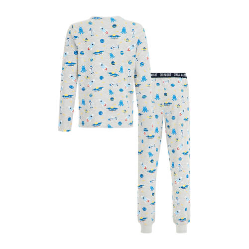 WE Fashion pyjama met all over print lichtgrijs melange blauw Jongens Stretchkatoen Ronde hals 92