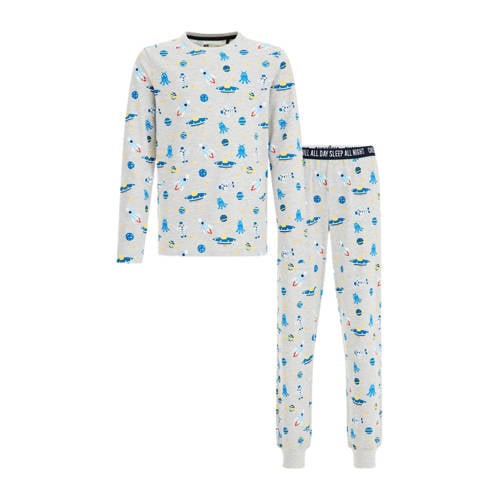 WE Fashion pyjama met all over print lichtgrijs melange/blauw Jongens Stretchkatoen Ronde hals - 110/116