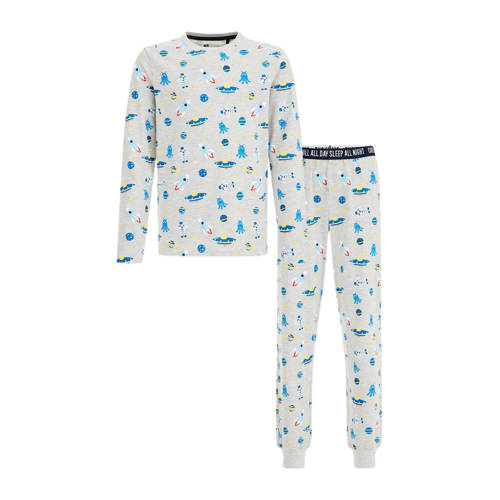 WE Fashion pyjama met all over print lichtgrijs melange/blauw Jongens Stretchkatoen Ronde hals
