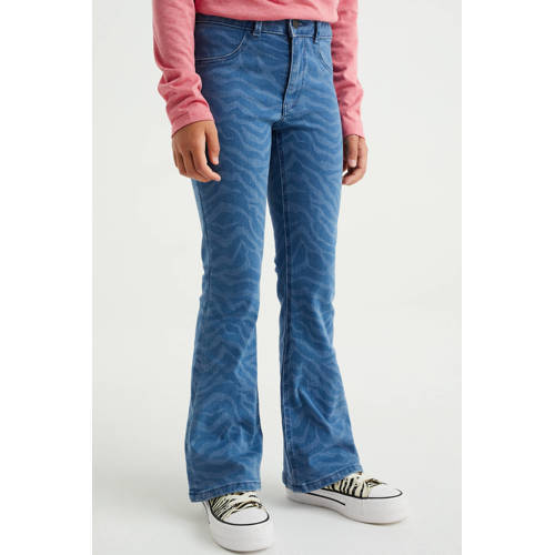 WE Fashion Blue Ridge flared jeans met all over print fresh blue denim Broek Blauw Meisjes Stretchdenim