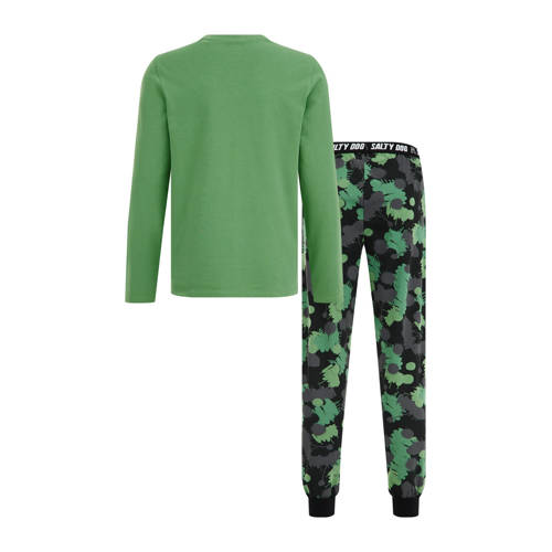 WE Fashion Salty Dog pyjama met all over print groen zwart Jongens Stretchkatoen Ronde hals 170 176