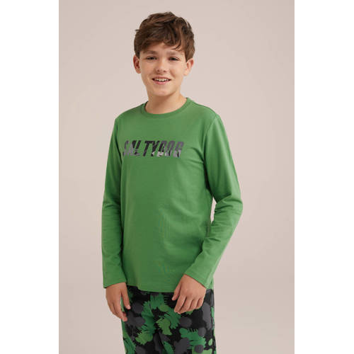 WE Fashion pyjama met all over print groen zwart Jongens Stretchkatoen Ronde hals 110 116