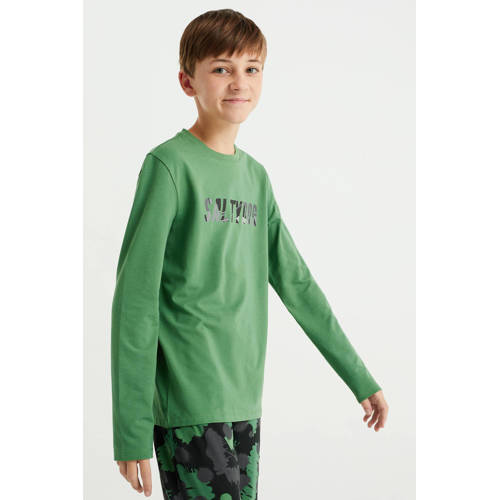 WE Fashion pyjama met all over print groen zwart Jongens Stretchkatoen Ronde hals 110 116