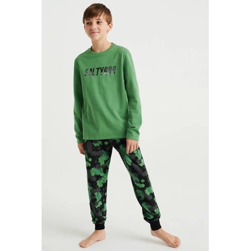 WE Fashion pyjama met all over print groen/zwart Jongens Stretchkatoen Ronde hals - 110/116