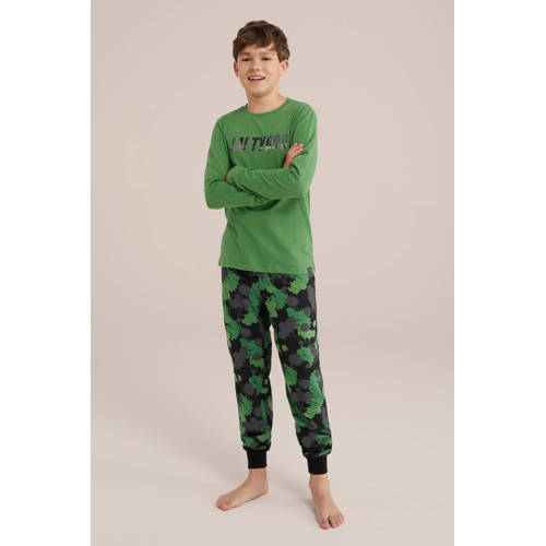 WE Fashion pyjama met all over print groen/zwart Jongens Stretchkatoen Ronde hals - 110/116