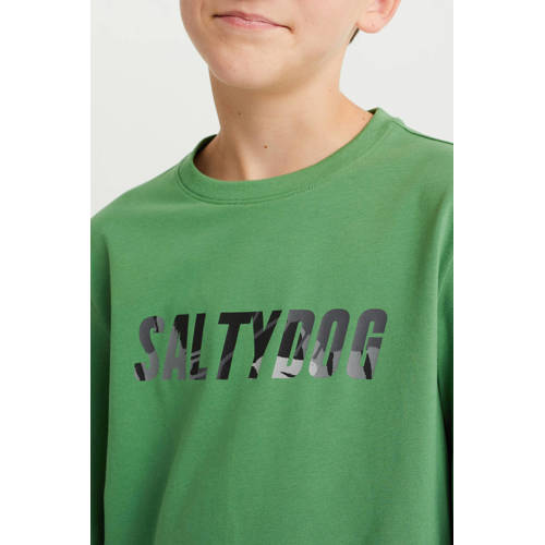 WE Fashion Salty Dog pyjama met all over print groen zwart Jongens Stretchkatoen Ronde hals 170 176