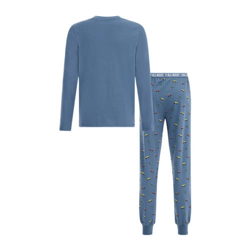 WE Fashion pyjama met printopdruk middenblauw Jongens Stretchkatoen Ronde hals 92