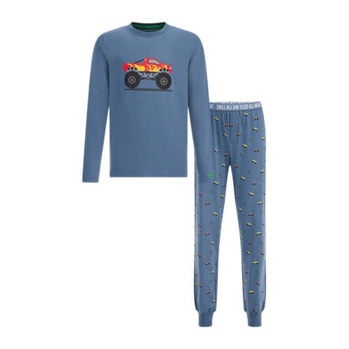 WE Fashion pyjama met printopdruk middenblauw Jongens Stretchkatoen Ronde hals - 110/116