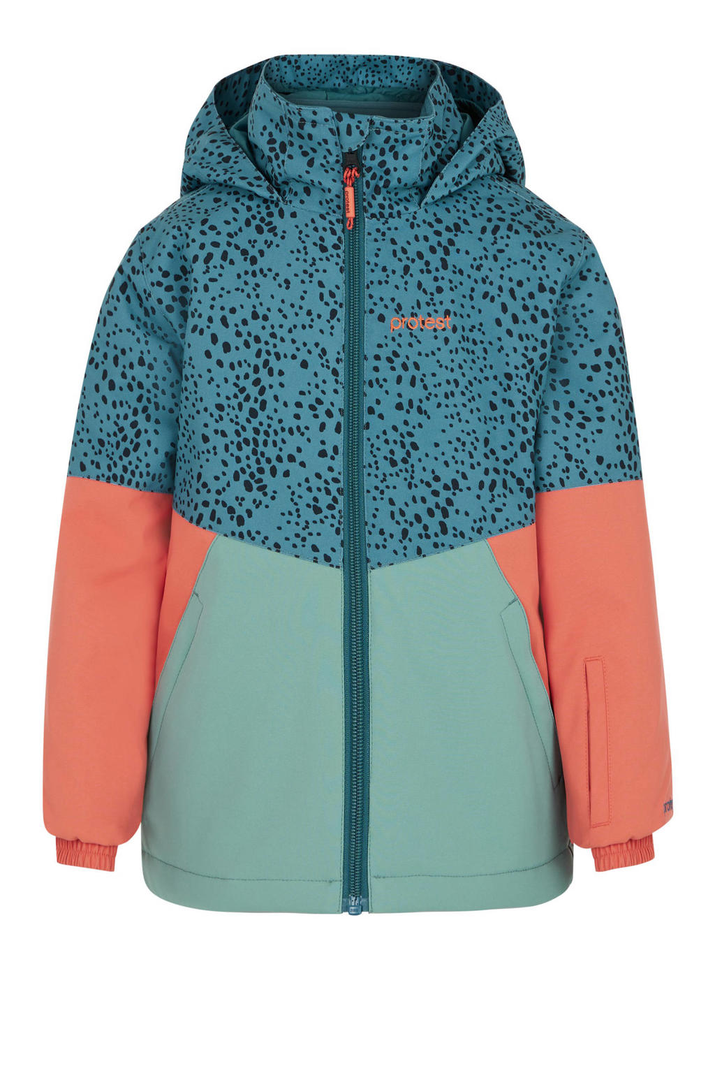 Blauwe meisjes Protest ski-jas van polyester met meerkleurige print, capuchon en winddichte rits