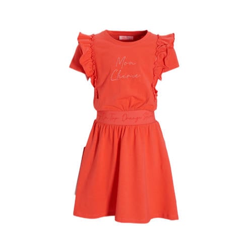 Orange Stars jurk Petronella met tekstopdruk koraal Rood Meisjes Katoen Ronde hals - 110/116