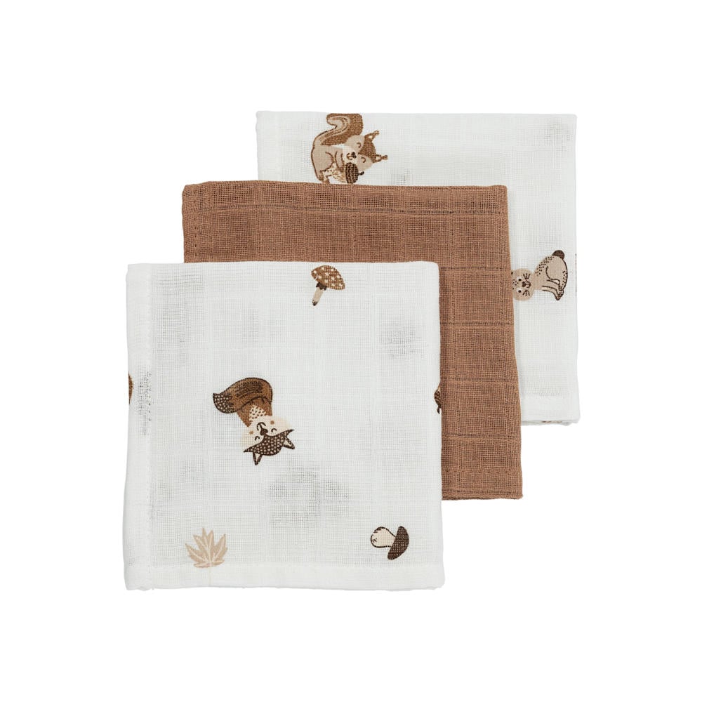 Meyco hydrofiel monddoekje Forest Animals 30x30 cm - toffee (set van 3)
