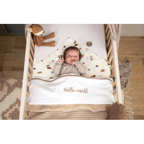 Meyco baby wieglaken 'Baby Hello World' taupe Babylaken Wit Tekst