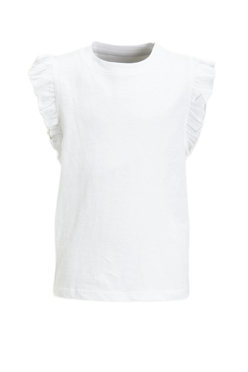 Witte meisjes Anytime T-shirt van katoen met effen, korte mouwen, ronde hals en ruches