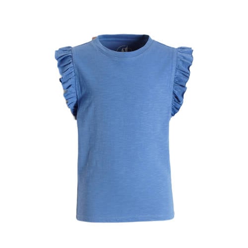 anytime T-shirt met ruffle blauw Meisjes Katoen Ronde hals Effen - 110/116