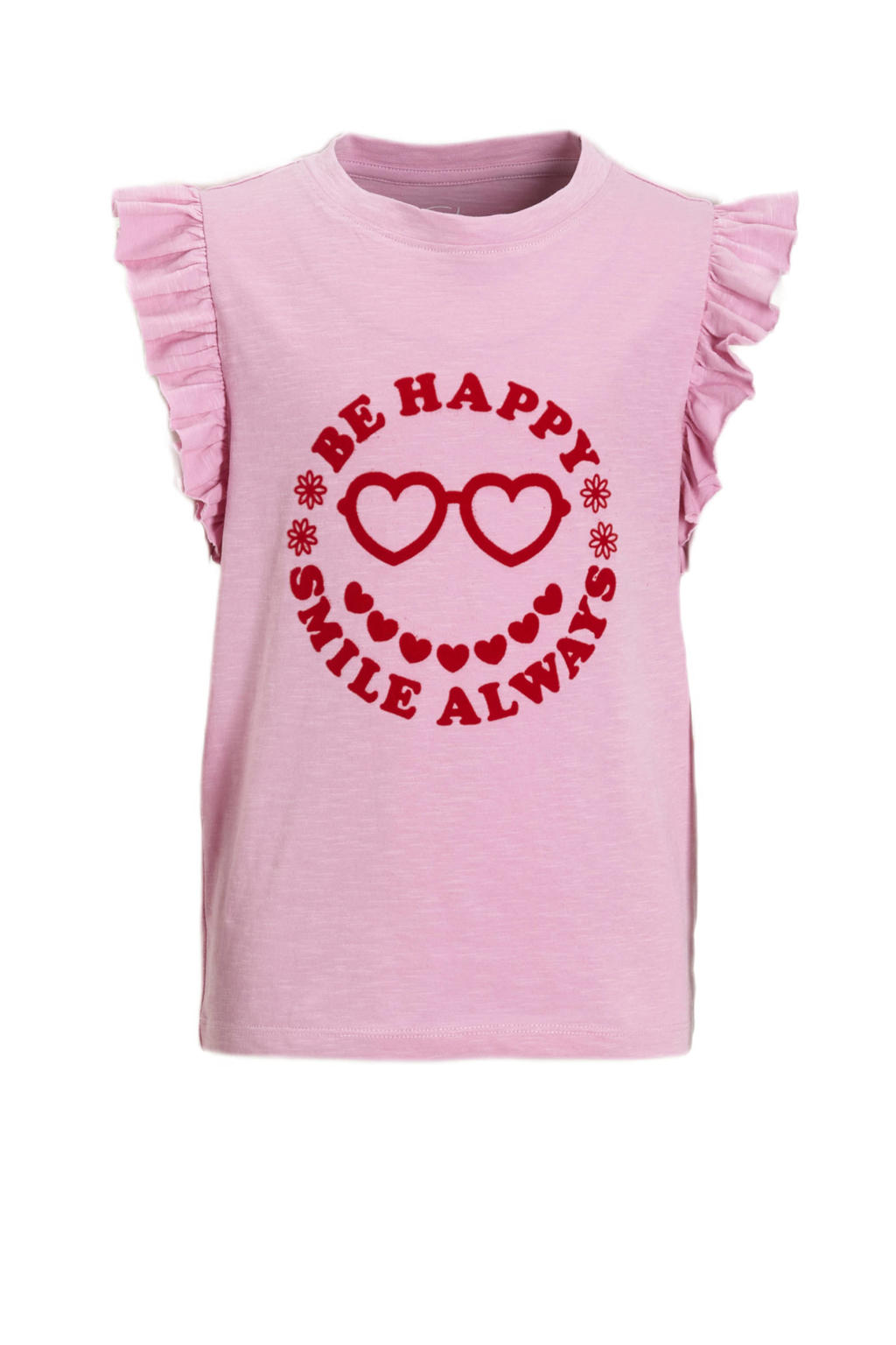 Roze meisjes anytime T-shirt van katoen met effen, kapmouwtjes en ronde hals