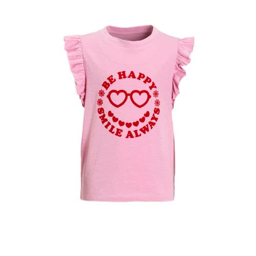 anytime T-shirt met ruffle roze Meisjes Katoen Ronde hals Effen