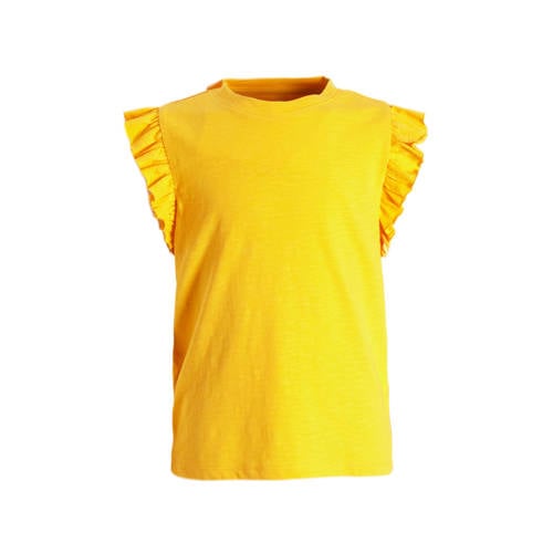 anytime T-shirt met ruffle geel Meisjes Katoen Ronde hals Effen