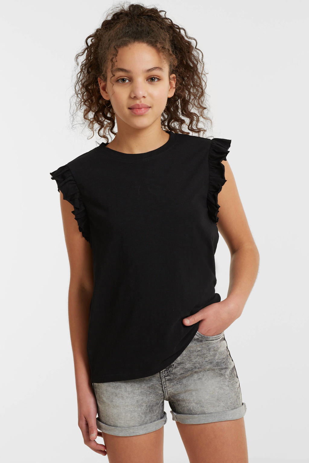 Zwarte meisjes anytime T-shirt van katoen met effen, kapmouwtjes en ronde hals