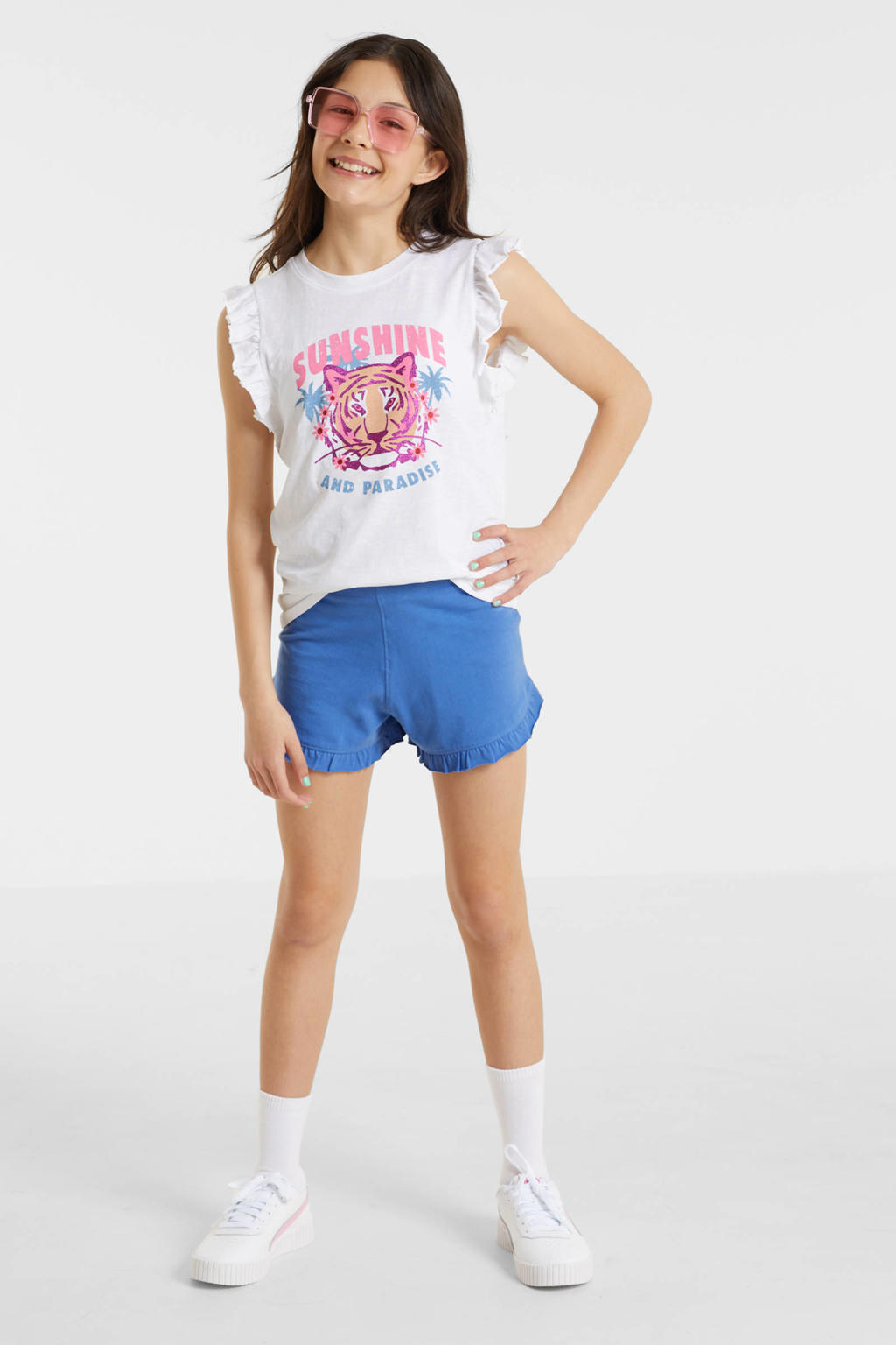 anytime T-shirt met ruffle print/wit