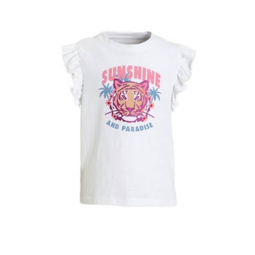 anytime T-shirt met ruffle print/wit Meisjes Katoen Ronde hals Printopdruk - 110/116