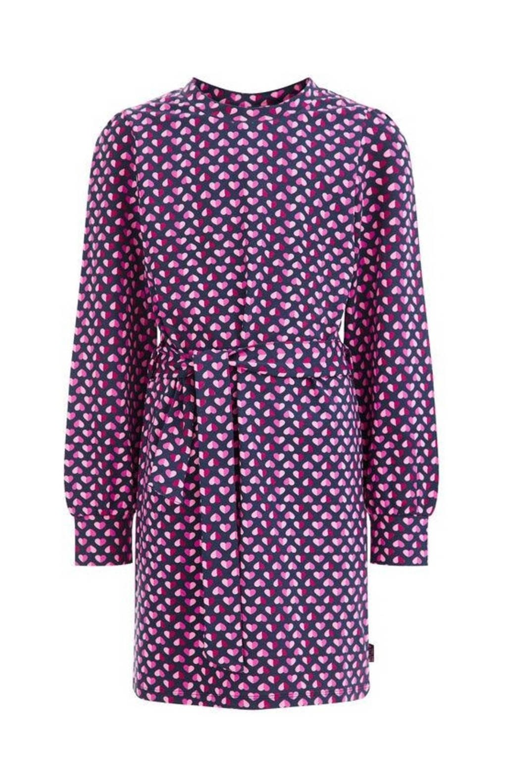WE Fashion jurk met hartjes en ceintuur roze/donkerblauw