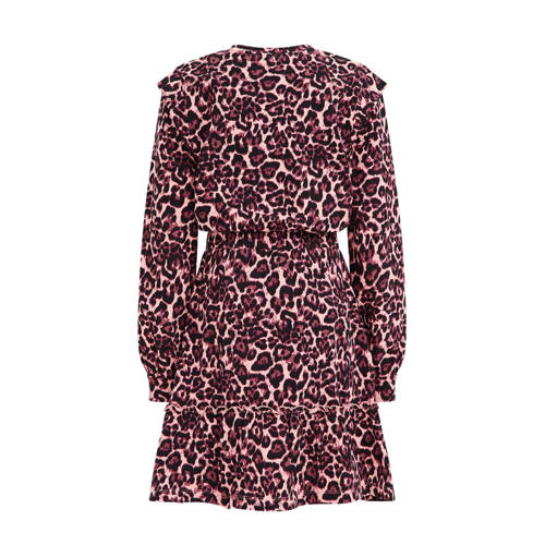 WE Fashion blousejurk met dierenprint roze zwart Meisjes Katoen Ronde hals 110 116