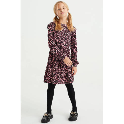 WE Fashion blousejurk met dierenprint roze zwart Meisjes Katoen Ronde hals 110 116