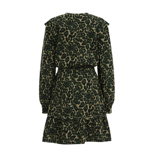 WE Fashion blousejurk met dierenprint groen zwart Meisjes Katoen Ronde hals 134 140