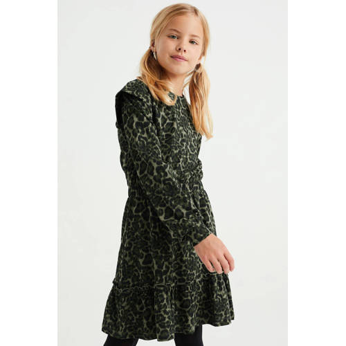 WE Fashion blousejurk met dierenprint groen zwart Meisjes Katoen Ronde hals 98 104