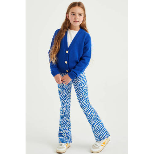 WE Fashion flared broek van gerecycled polyester blauw wit Meisjes Gerecycled polyester (duurzaam) 158