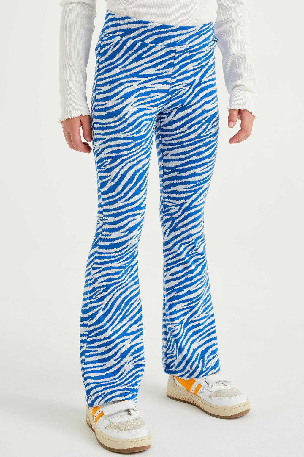 flared broek van gerecycled polyester blauw/wit