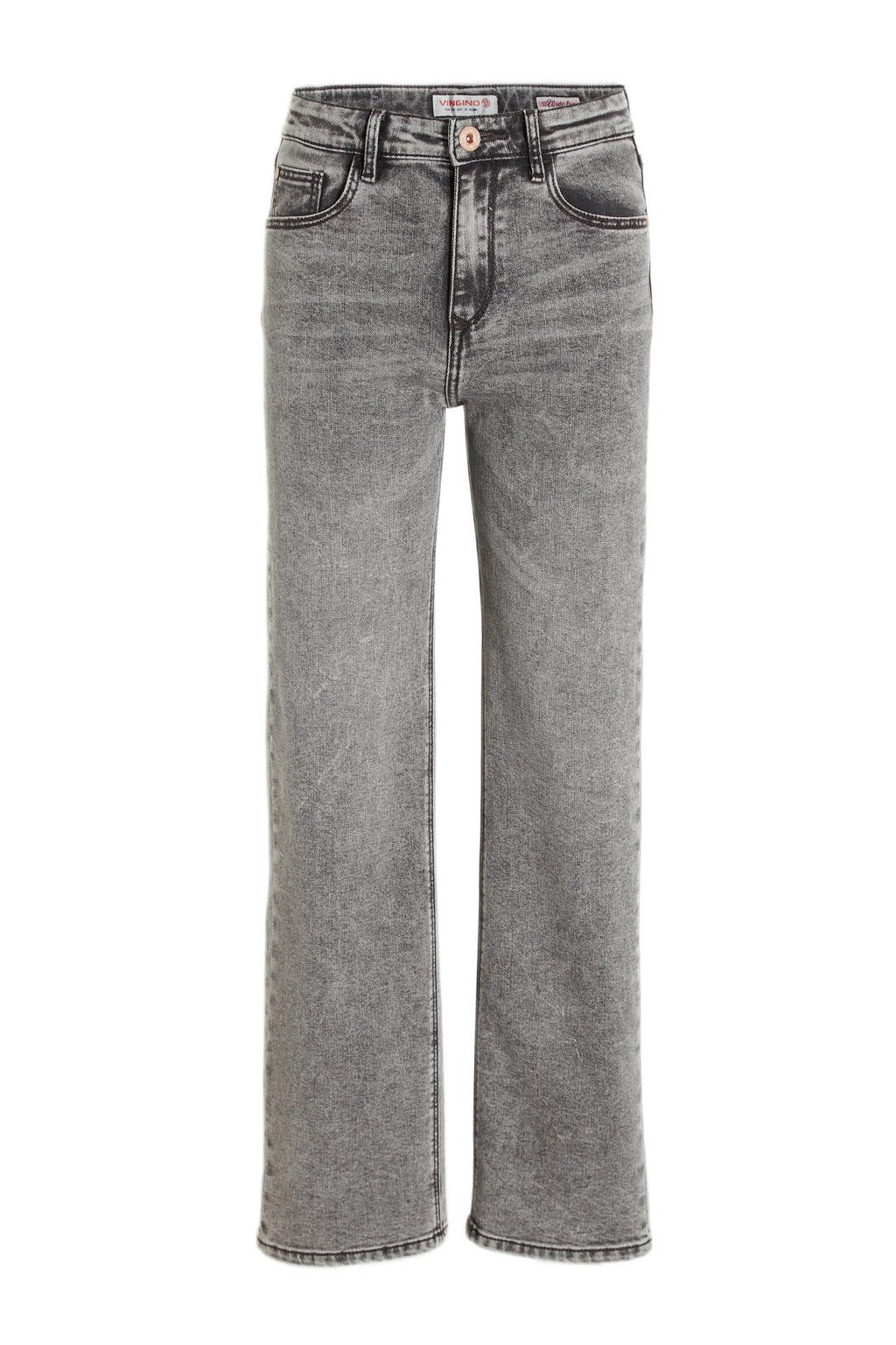 Grey denim meisjes Vingino wide leg jeans Carla vintage van katoen met regular waist en rits- en knoopsluiting