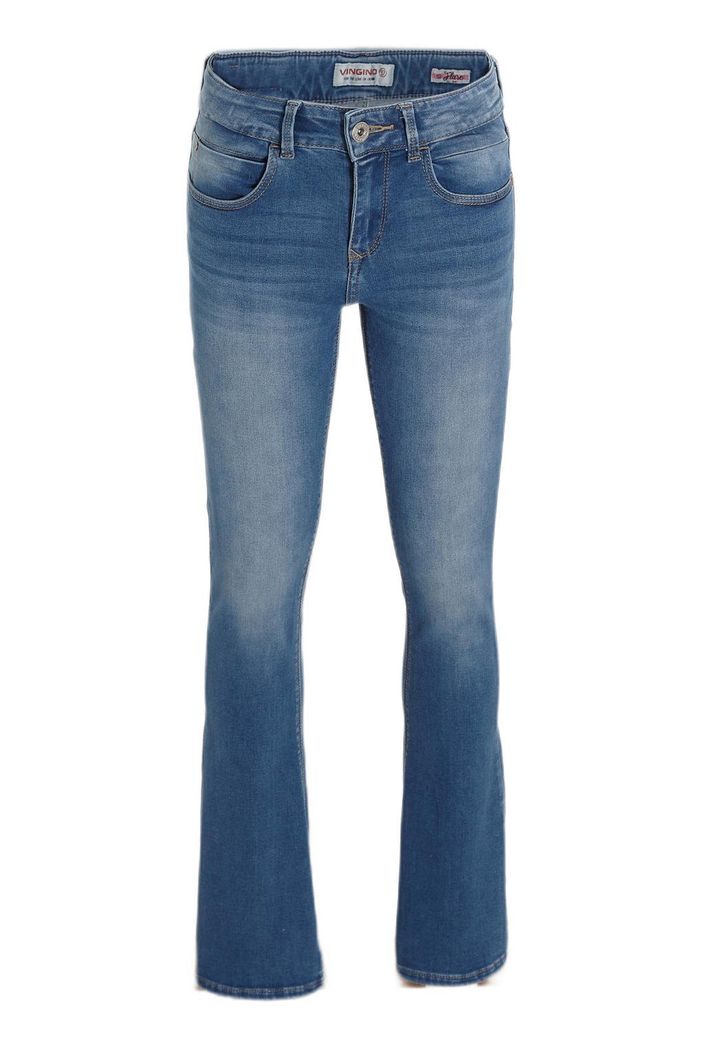 Medium blue denim meisjes Vingino flared jeans Briona van katoen met regular waist en rits- en knoopsluiting