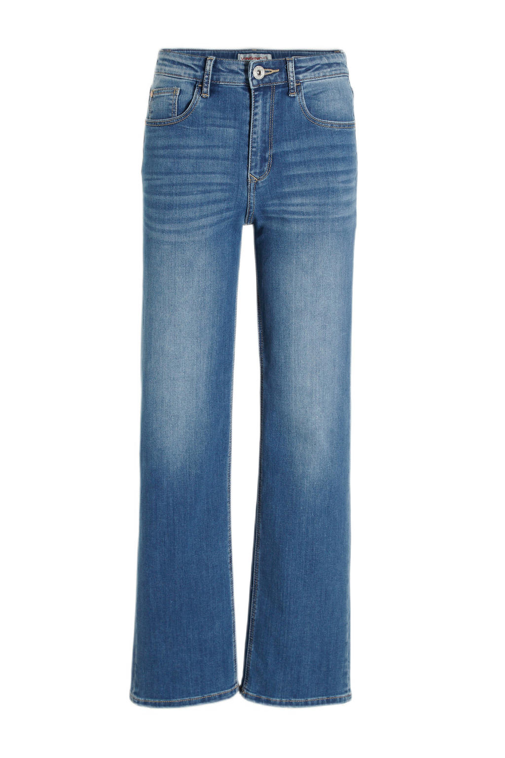 Medium blue denim meisjes Vingino wide leg jeans Carla van katoen met regular waist en rits- en knoopsluiting