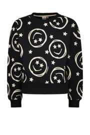 thumbnail: Zwart en beige meisjes Vingino sweater Neshanta met all over print, lange mouwen, ronde hals en geribde boorden