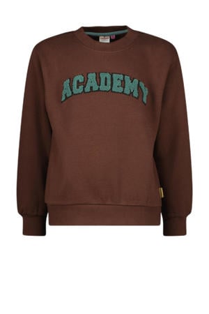 sweater Nousha met tekst en 3D applicatie bruin/blauw