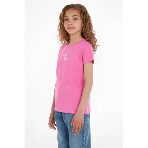 Calvin Klein T-shirt met logo felroze Meisjes Katoen Ronde hals Logo 128