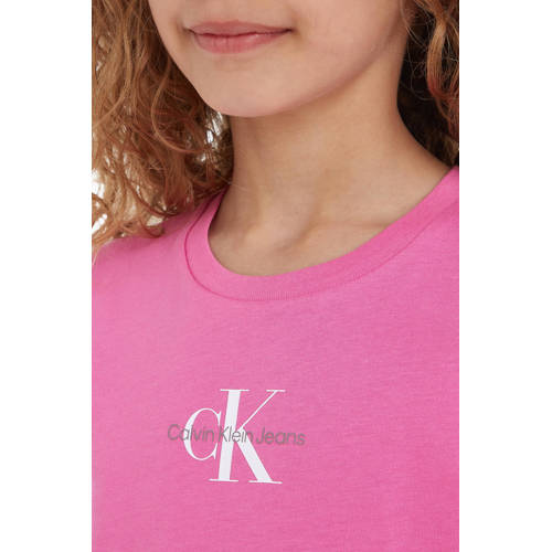 Calvin Klein T-shirt met logo felroze Meisjes Katoen Ronde hals Logo 128