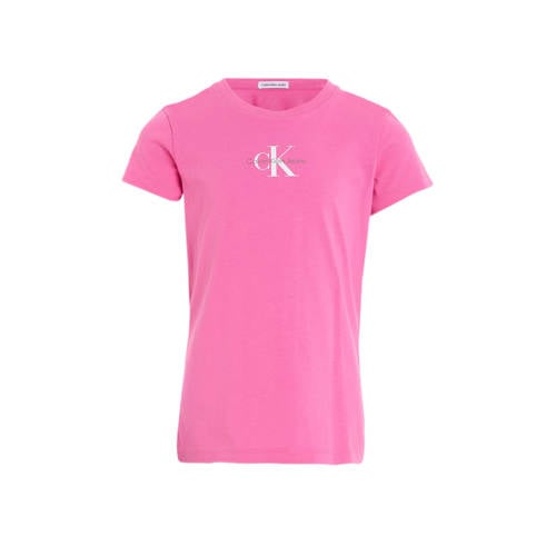 Calvin Klein T-shirt met logo felroze Meisjes Katoen Ronde hals Logo
