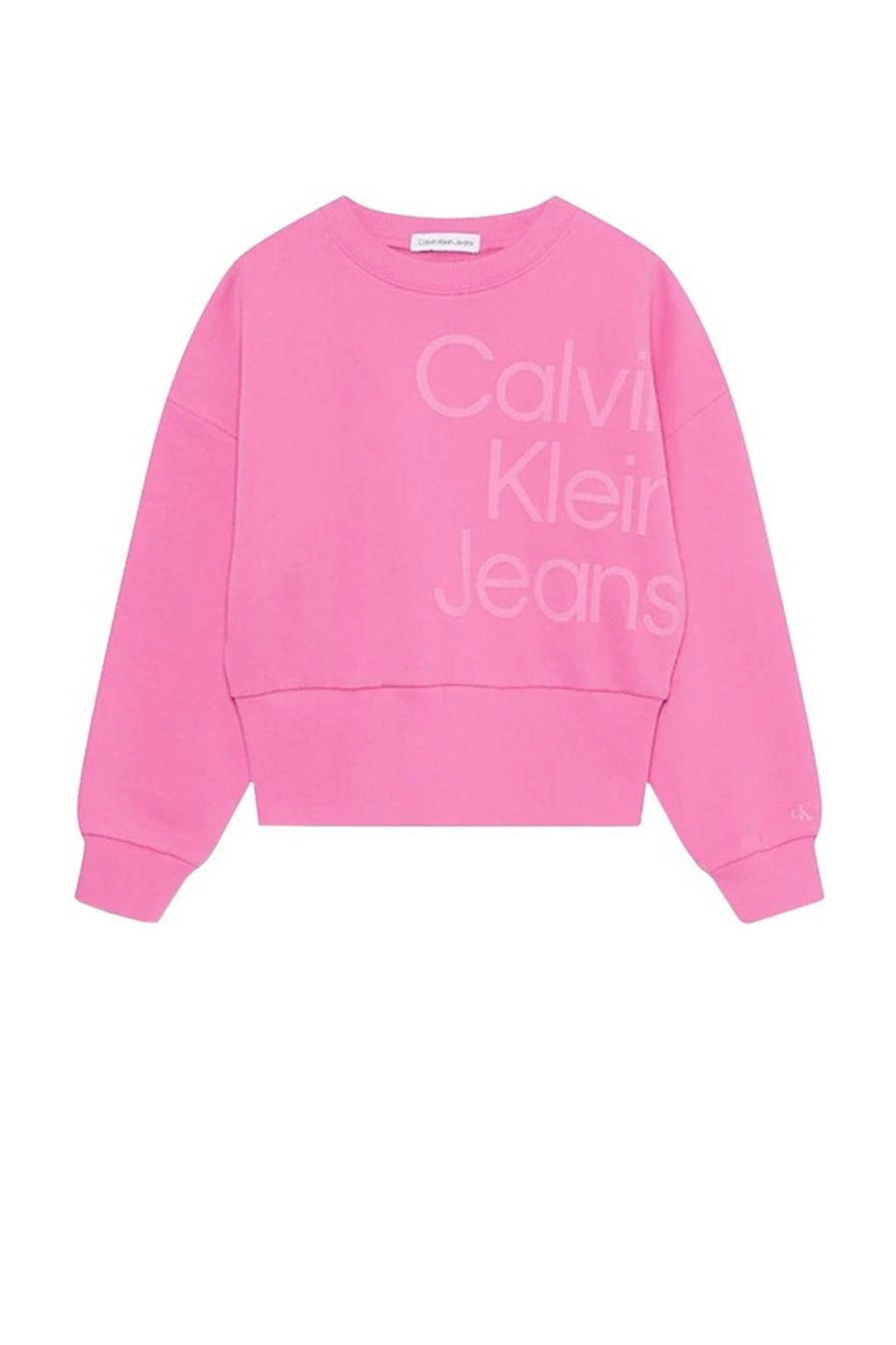 Roze meisjes Calvin Klein sweater met logo dessin, lange mouwen, ronde hals en geribde boorden