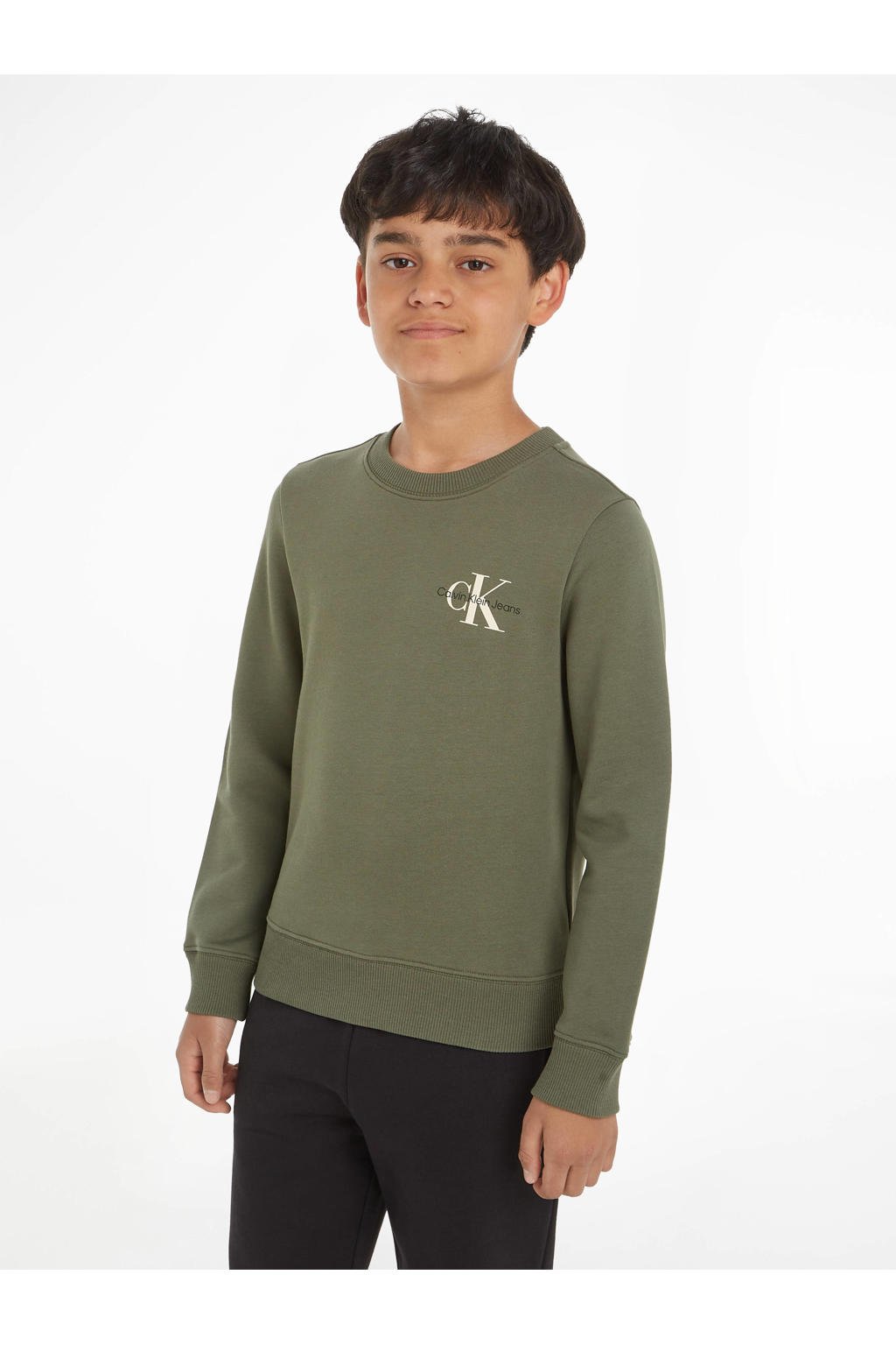 Groene jongens en meisjes Calvin Klein sweater met logo dessin, lange mouwen, ronde hals en elastische boord