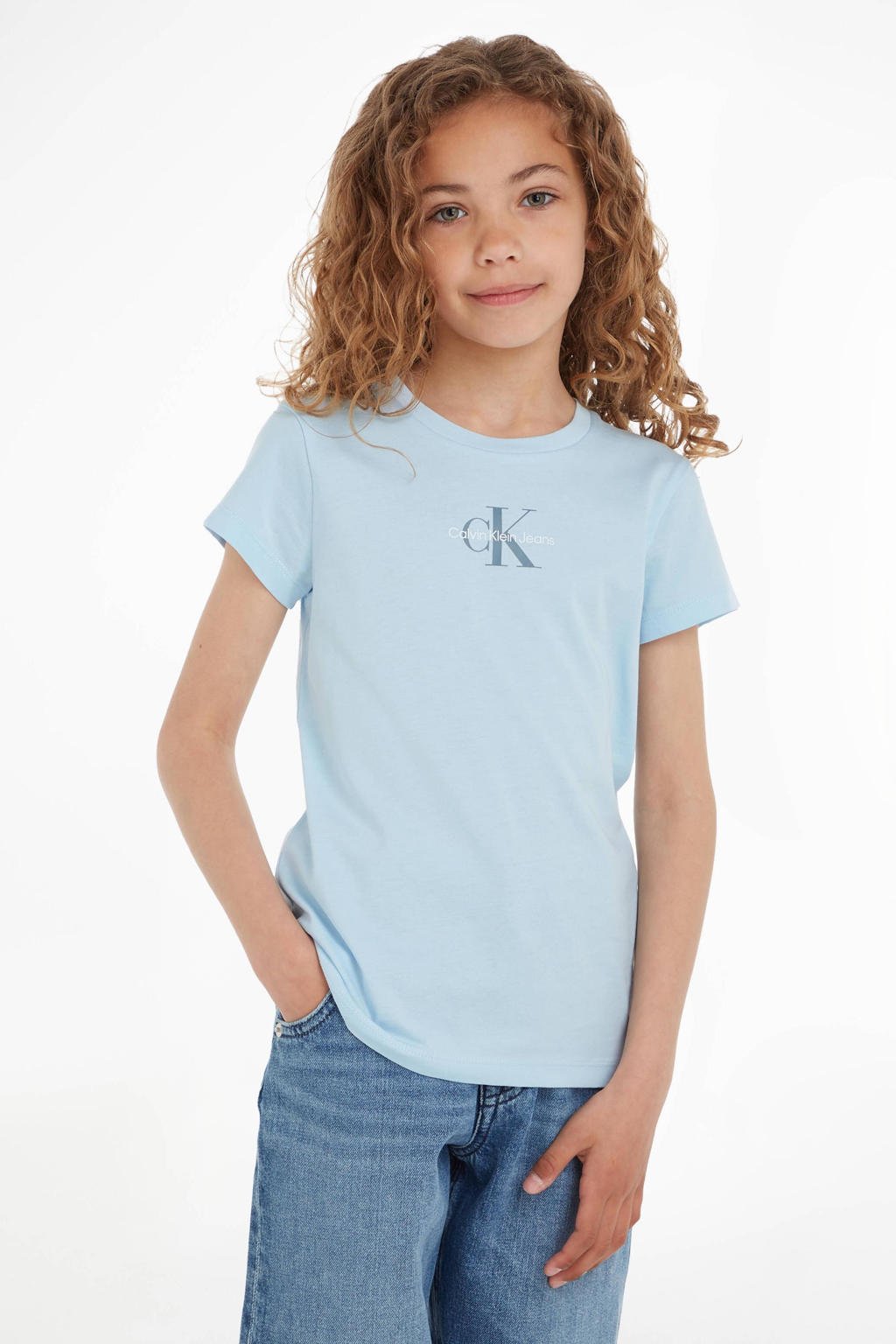 Blauwe meisjes Calvin Klein T-shirt van duurzaam katoen met logo dessin, korte mouwen en ronde hals