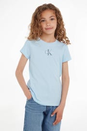 thumbnail: Blauwe meisjes Calvin Klein T-shirt van duurzaam katoen met logo dessin, korte mouwen en ronde hals